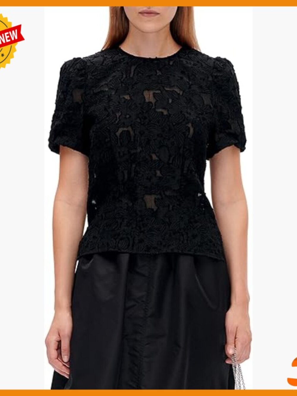 Short Sleeve Jacquard Blouse with Lace Pattern Semi-Sheer Finish